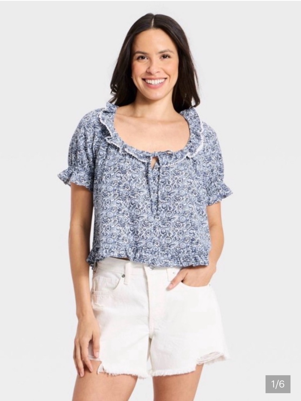 Universal Thread Blue White Floral Ruffle Peasant Blouse